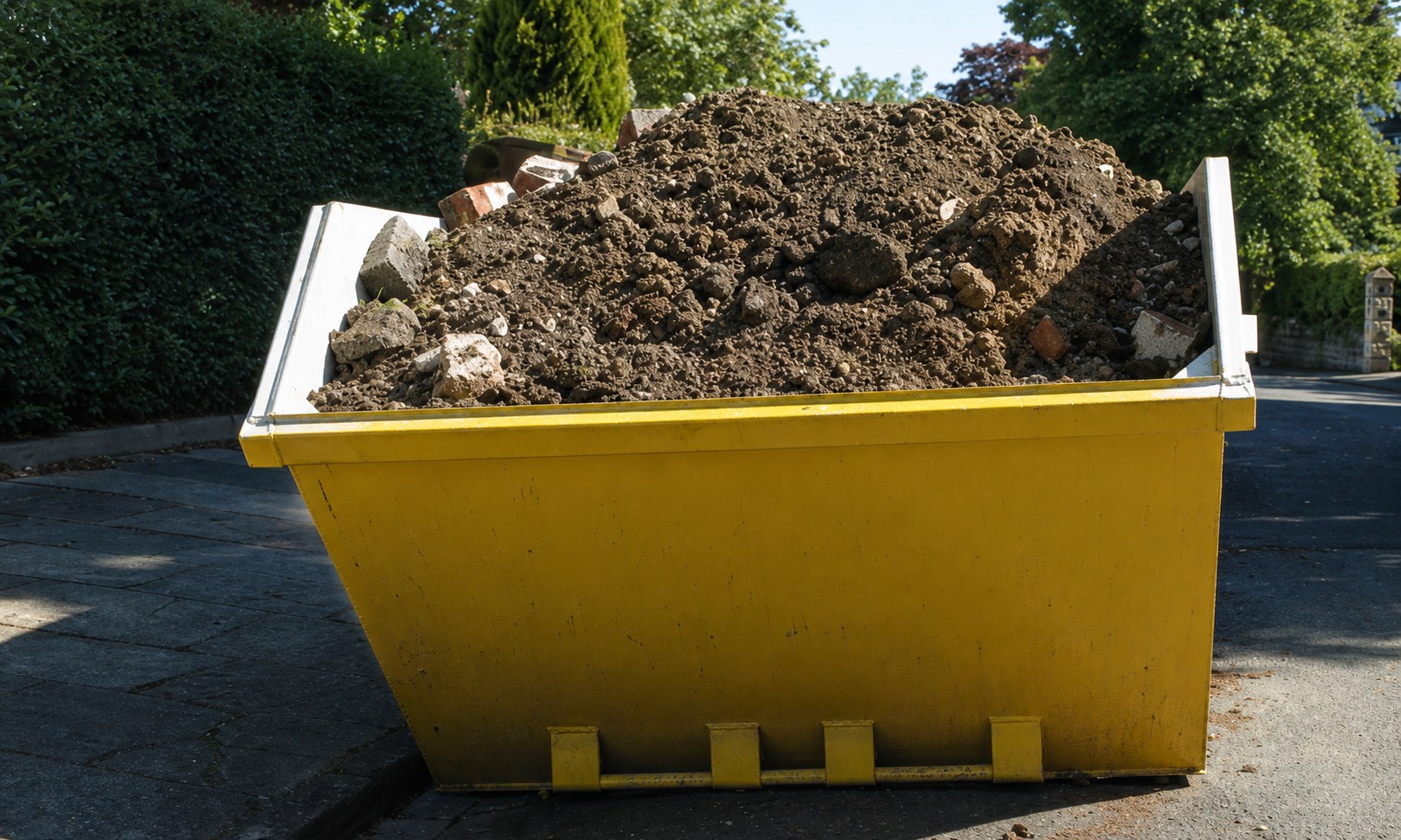 Yellow skip filled with soil and rubble on a Bristol building site